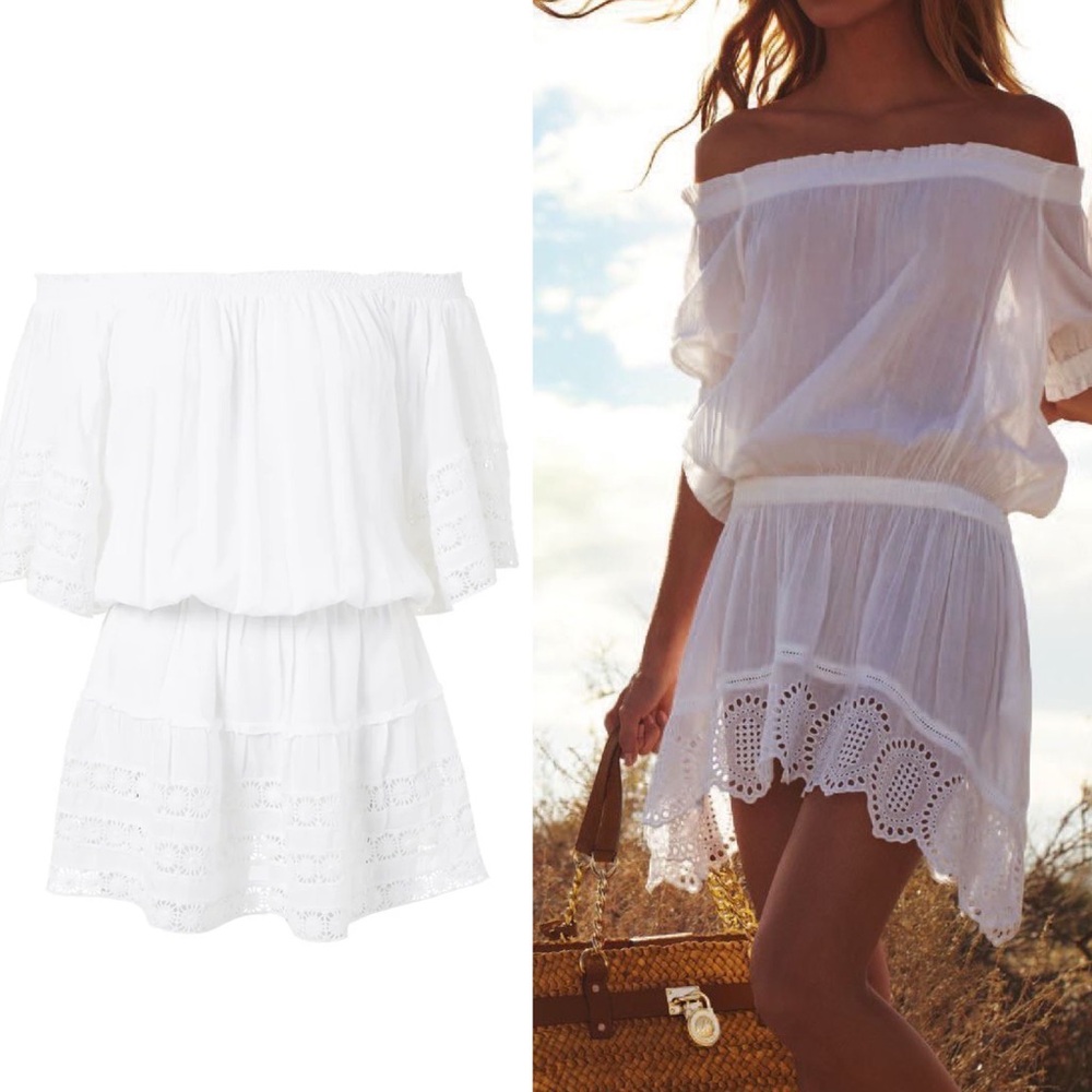 MICHAEL Michael Kors White Off Shoulder Lace Eyelet Ruffle Cover Up Mini Dress S